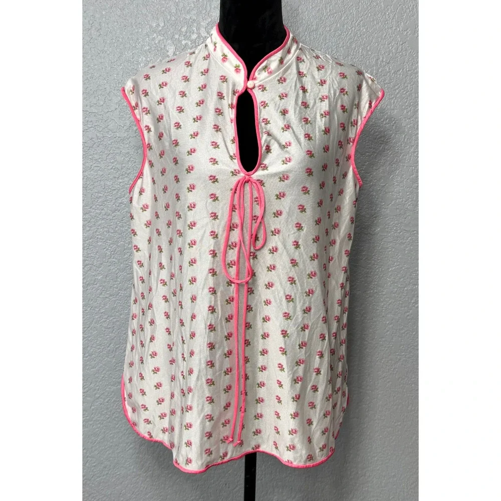 Vintage Montgomery Ward Nylon Floral Pajama Top Pink Rosebud Sleeveless Large